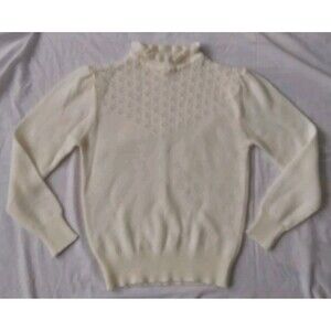Vintage Cottagecore Knit Pointelle Sweater Ruffle Neckline Ivory Womens Medium